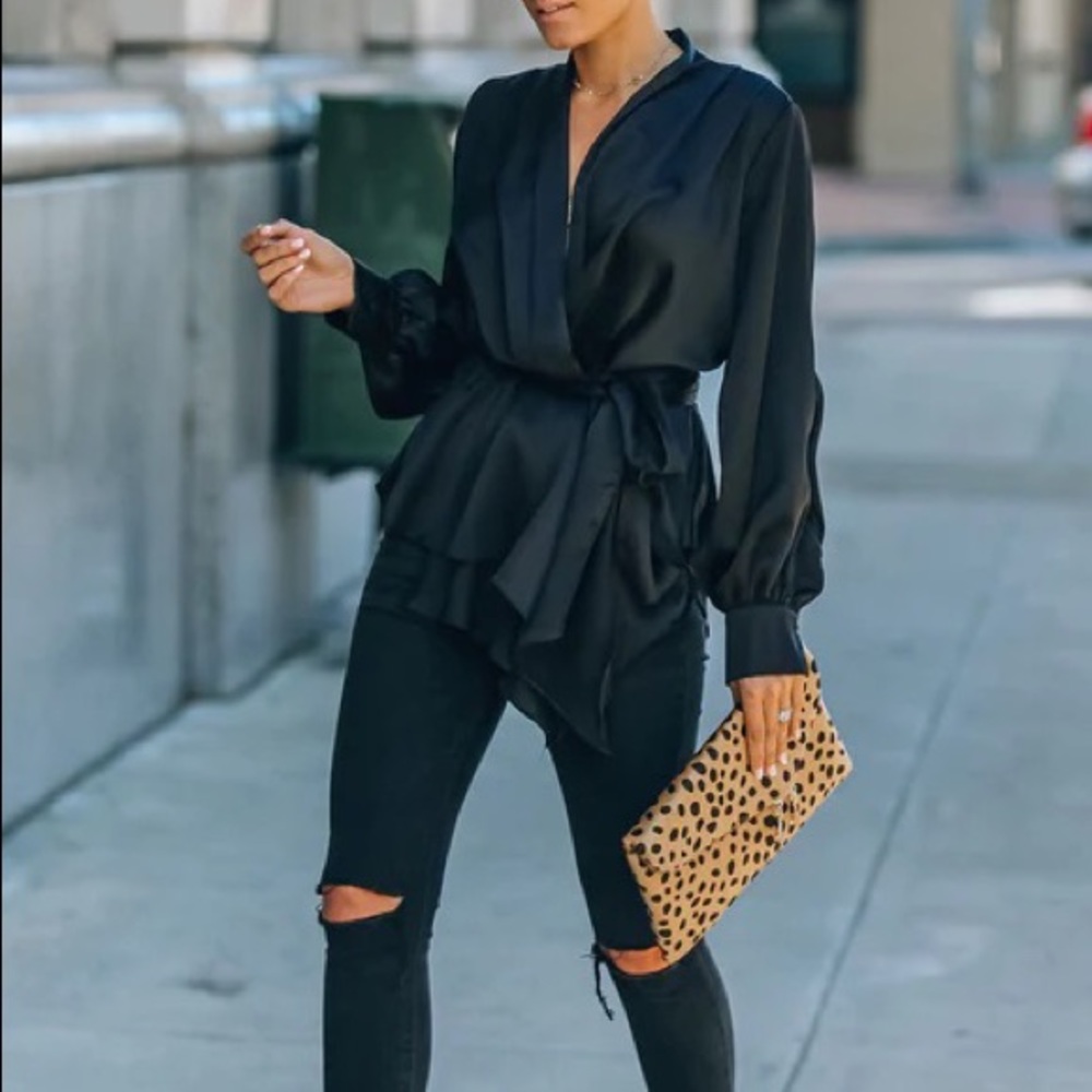 New S black Vici Motivation Satin Drape Wrap Blouse nwt